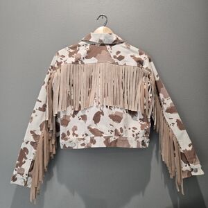 Altar'd State Cropped Fringe Cow Print Denim Cowgirl Rodeo Jean Jacket Size XS